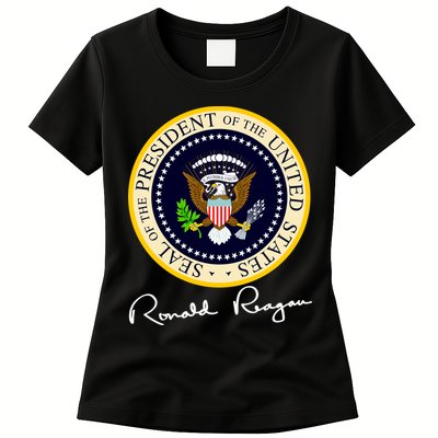 Ronald Reagan Presidential Seal Signature Womens T-Shirt