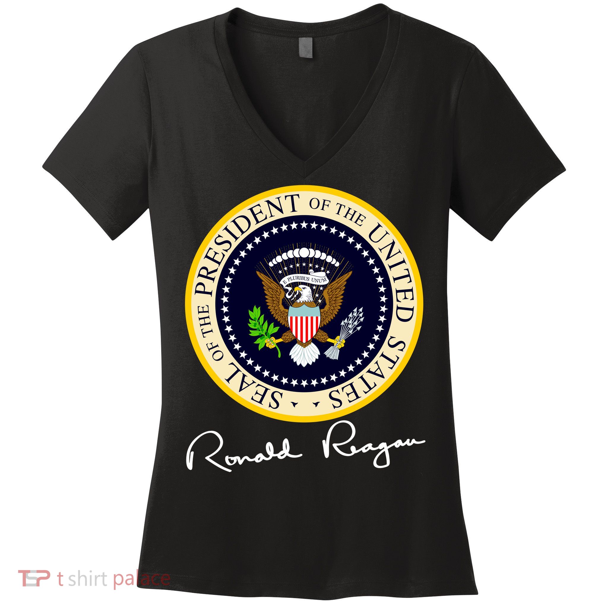 Ronald Reagan Presidential Seal Signature Women's V-Neck T-Shirt
