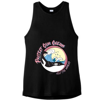 Respect Our Oceans Help The Whales Distressed Vintage Orca Ladies PosiCharge Tri-Blend Wicking Tank