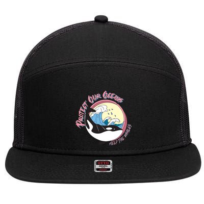Respect Our Oceans Help The Whales Distressed Vintage Orca 7 Panel Mesh Trucker Snapback Hat
