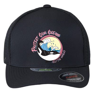 Respect Our Oceans Help The Whales Distressed Vintage Orca Flexfit Unipanel Trucker Cap