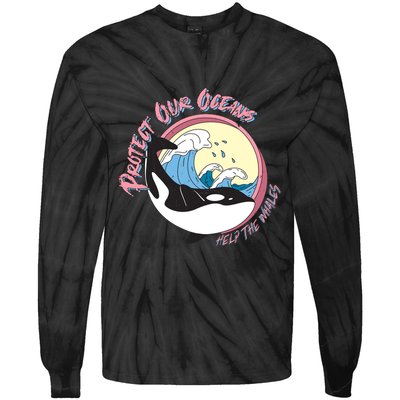 Respect Our Oceans Help The Whales Distressed Vintage Orca Tie-Dye Long Sleeve Shirt