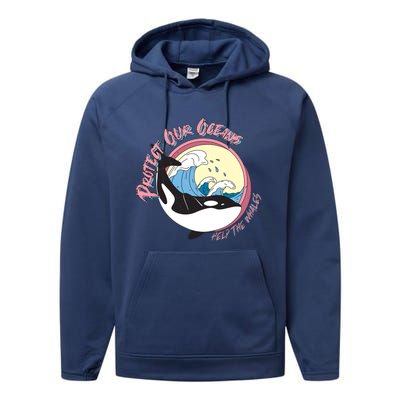 Respect Our Oceans Help The Whales Distressed Vintage Orca Performance Fleece Hoodie