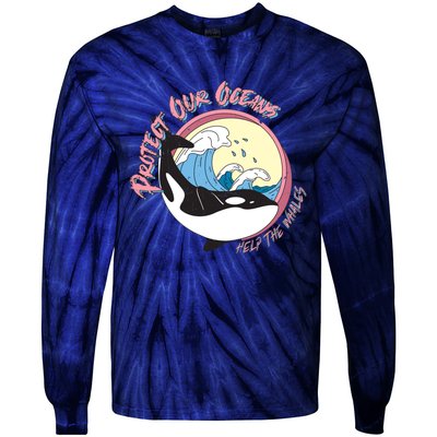 Respect Our Oceans Help The Whales Distressed Vintage Orca Tie-Dye Long Sleeve Shirt