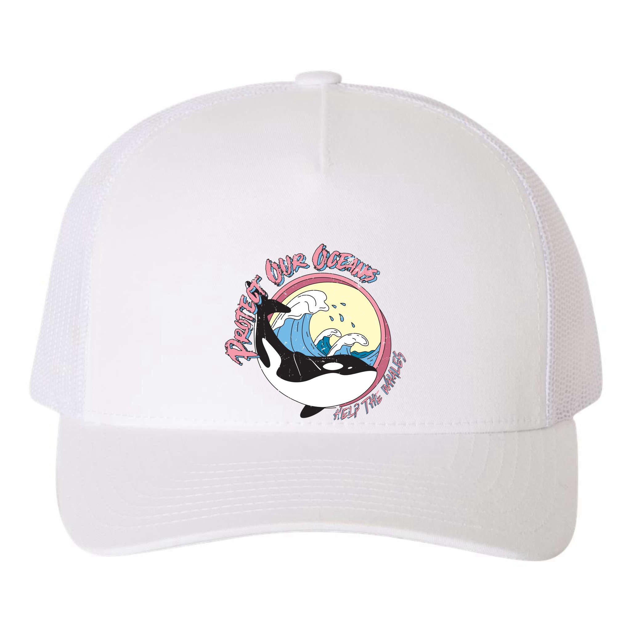Respect Our Oceans Help The Whales Distressed Vintage Orca Yupoong Adult 5-Panel Trucker Hat