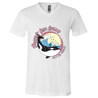 Respect Our Oceans Help The Whales Distressed Vintage Orca V-Neck T-Shirt