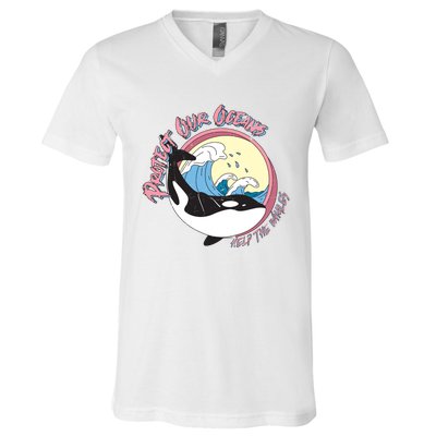 Respect Our Oceans Help The Whales Distressed Vintage Orca V-Neck T-Shirt