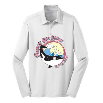 Respect Our Oceans Help The Whales Distressed Vintage Orca Silk Touch Performance Long Sleeve Polo