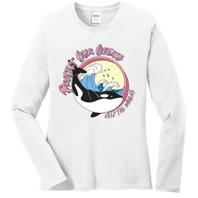 Respect Our Oceans Help The Whales Distressed Vintage Orca Ladies Long Sleeve Shirt