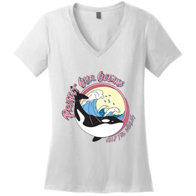 Respect Our Oceans Help The Whales Distressed Vintage Orca Women's V-Neck T-Shirt