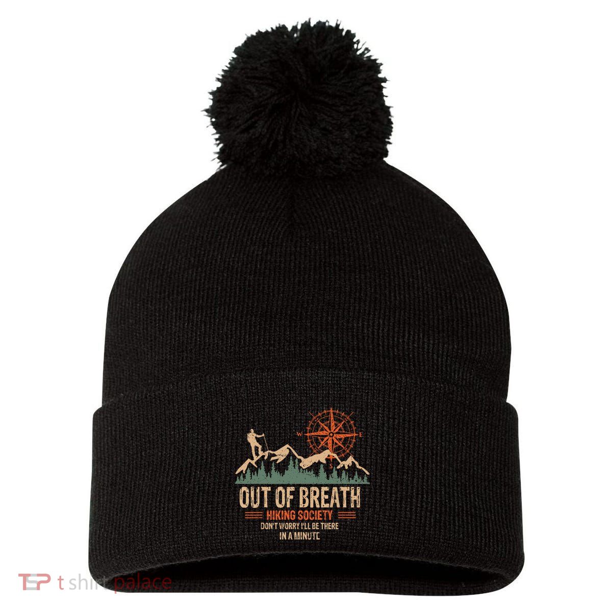 Retro Out Of Breath Hiking Society Gift For Hiker Pom Pom 12in Knit Beanie