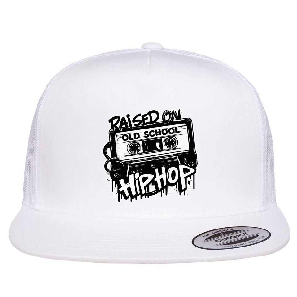 Raised On Old School Hip Hop Anniversary Cassette Graffiti Flat Bill Trucker Hat