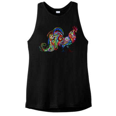 Rooster Trippy Cockerel Cock Ladies PosiCharge Tri-Blend Wicking Tank