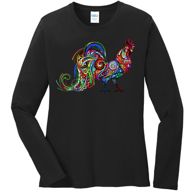 Rooster Trippy Cockerel Cock Ladies Long Sleeve Shirt