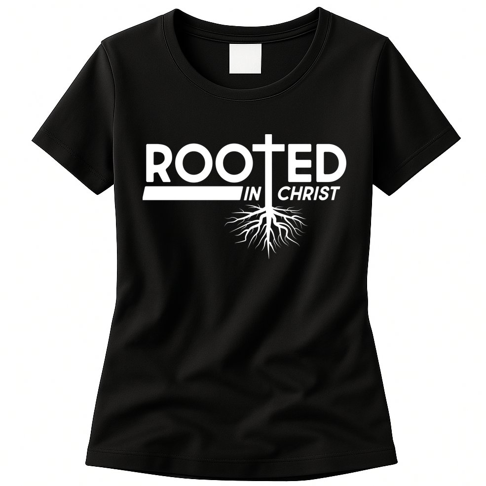Rooted In Christ Tree Roots Womens T-Shirt