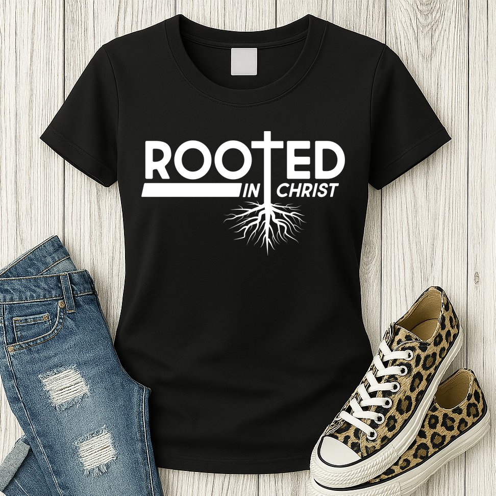 Rooted In Christ Tree Roots Womens T-Shirt