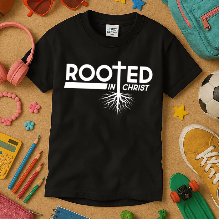 Rooted In Christ Tree Roots Kids T-Shirt