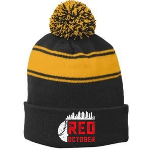 Red October Philly Philadelphia Baseball Retro Skyline Stripe Pom Pom Beanie