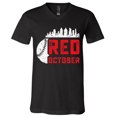 Red October Philly Philadelphia Baseball Retro Skyline V-Neck T-Shirt
