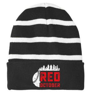 Red October Philly Philadelphia Baseball Retro Skyline Striped Beanie with Solid Band