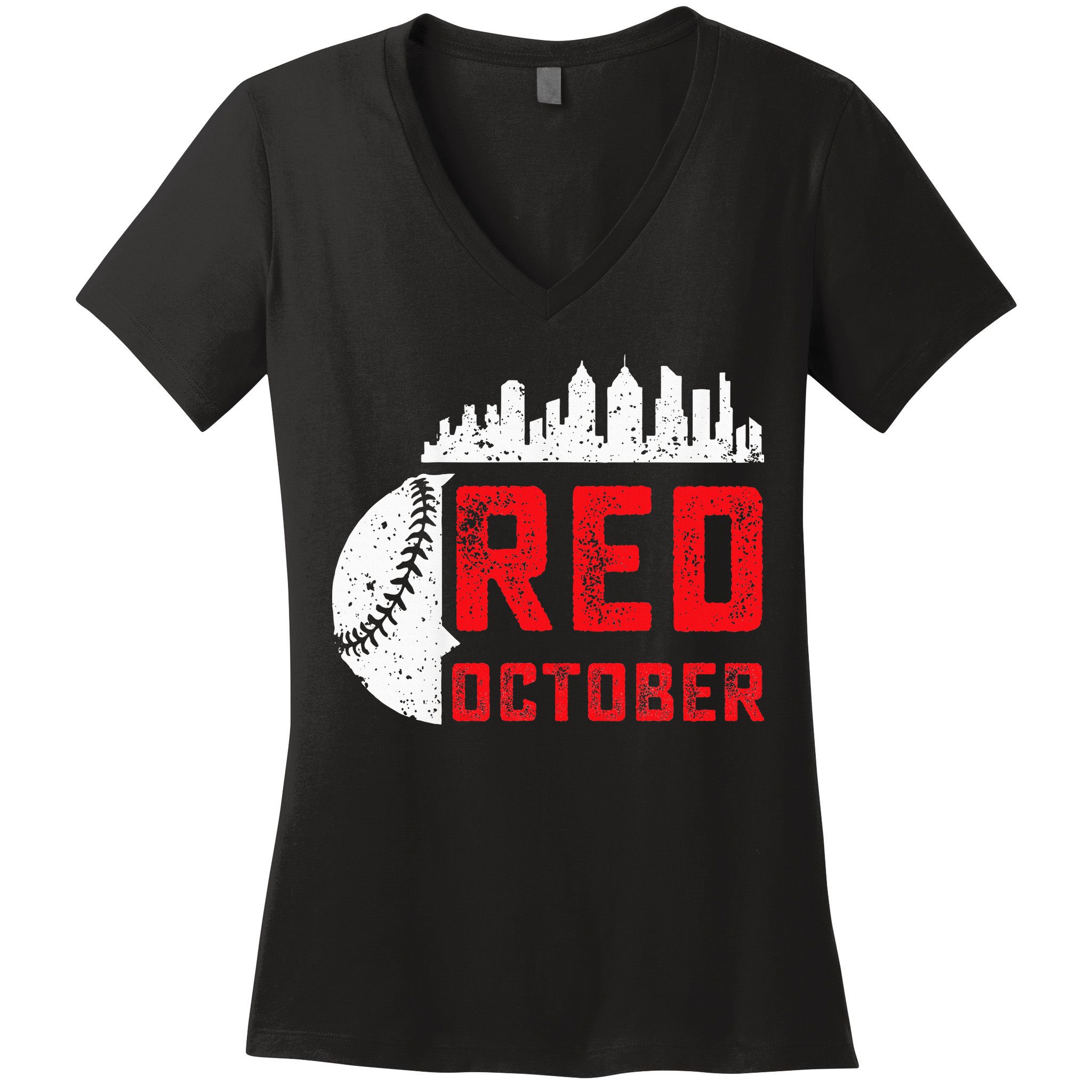 Red October Philly Philadelphia Baseball Retro Skyline Women's V-Neck T-Shirt