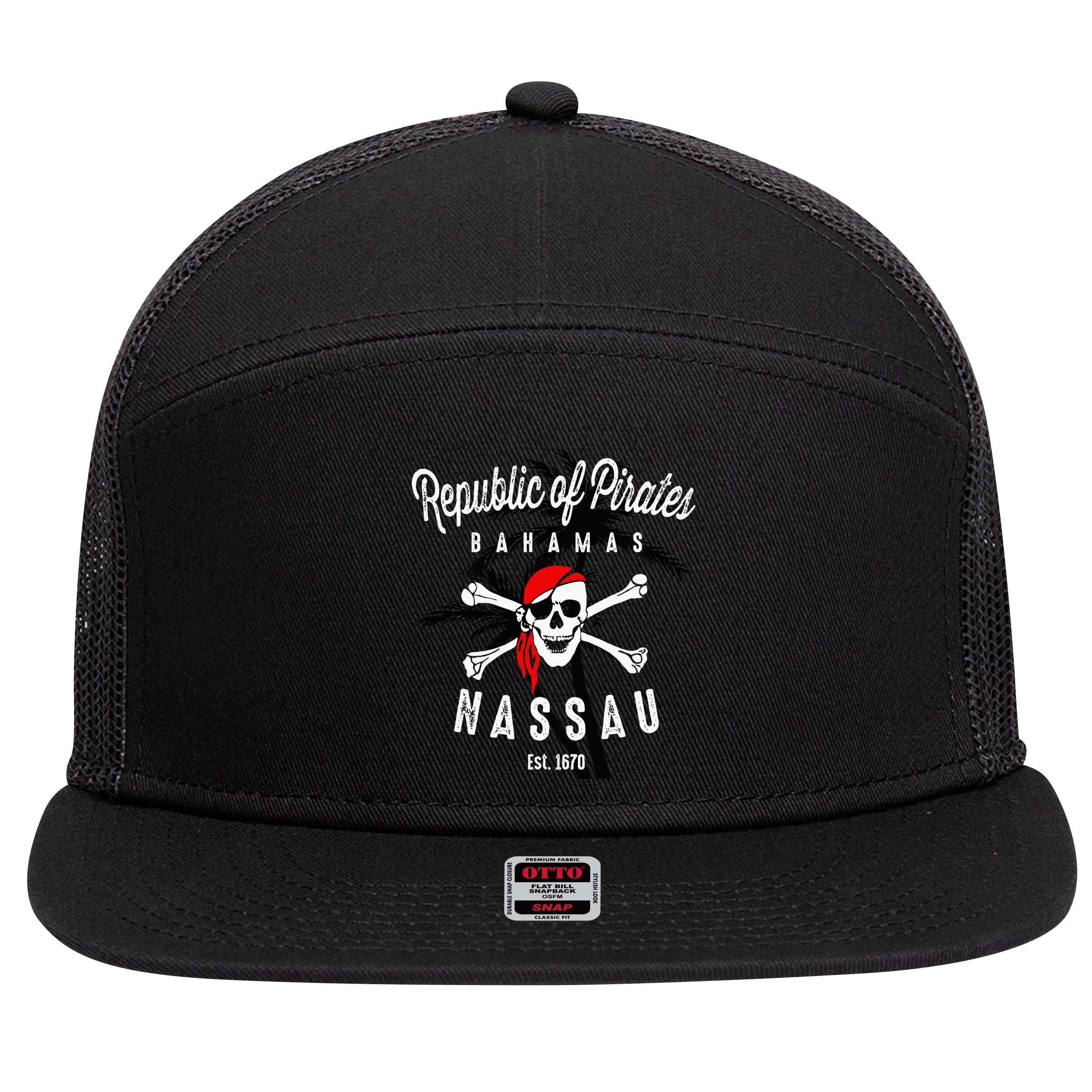 Republic Of Pirates Nassau Bahamas Vintage Summer 7 Panel Mesh Trucker Snapback Hat