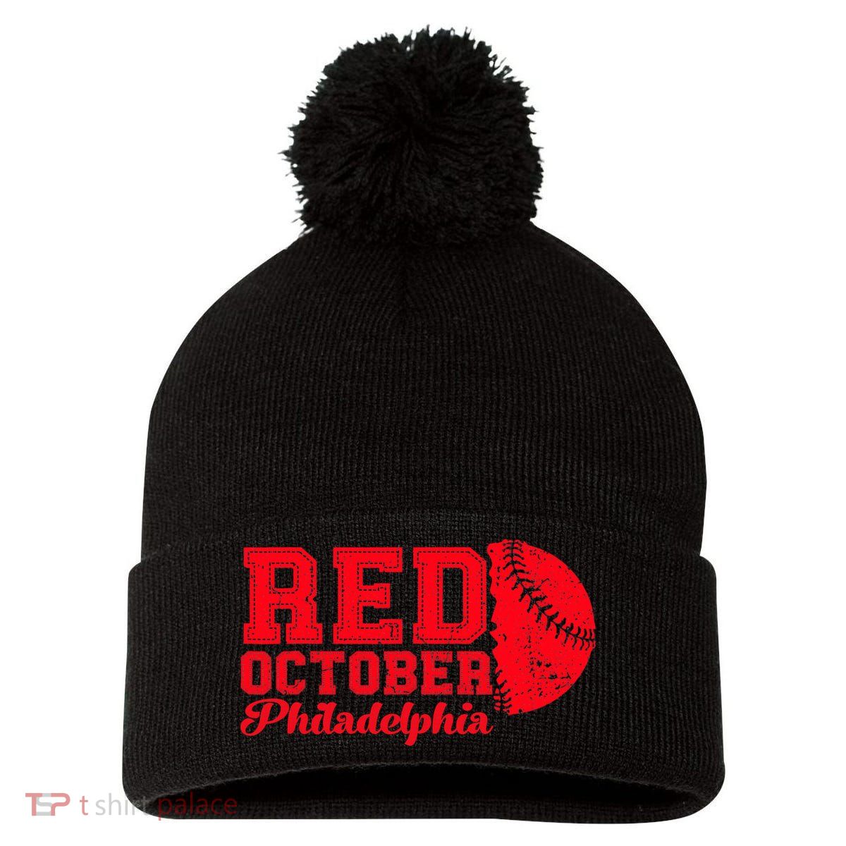 Red October Philadelphia Skyline Retro Philly Cityscap Pom Pom 12in Knit Beanie
