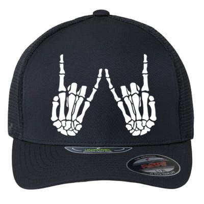 Rock On Rock Star Skeleton Hands Rocker Funny Halloween Cool Gift Flexfit Unipanel Trucker Cap