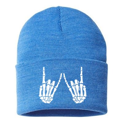 Rock On Rock Star Skeleton Hands Rocker Funny Halloween Cool Gift Sustainable Knit Beanie