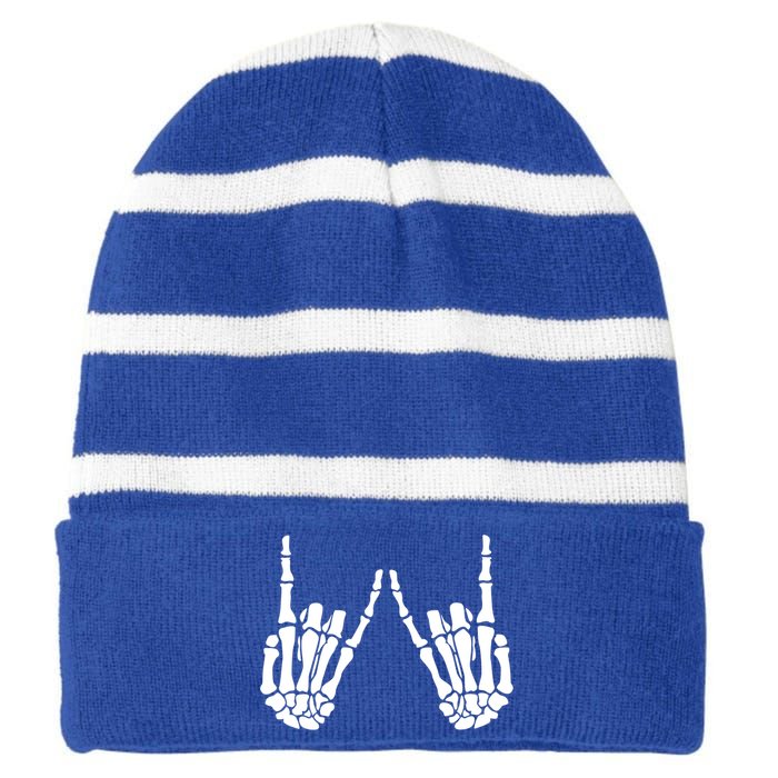 Rock On Rock Star Skeleton Hands Rocker Funny Halloween Cool Gift Striped Beanie with Solid Band