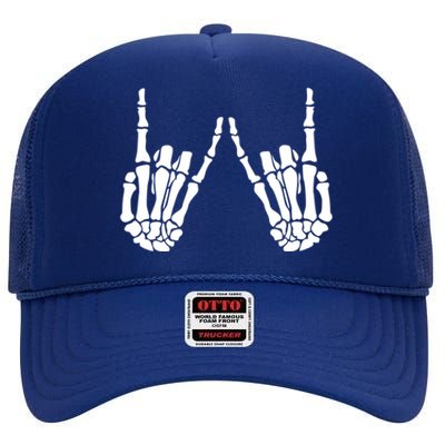 Rock On Rock Star Skeleton Hands Rocker Funny Halloween Cool Gift High Crown Mesh Back Trucker Hat