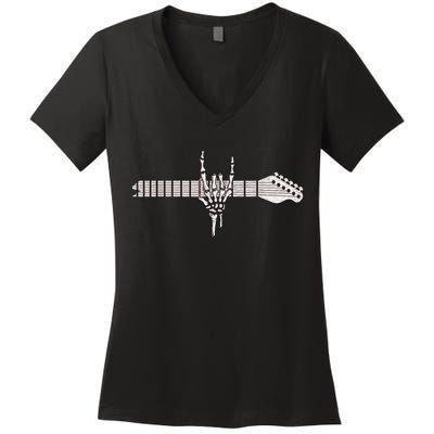 Rock On Rock Star Guitar Skeleton Hand Women's V-Neck T-Shirt
