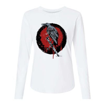 Raven On Sword Womens Cotton Relaxed Long Sleeve T-Shirt