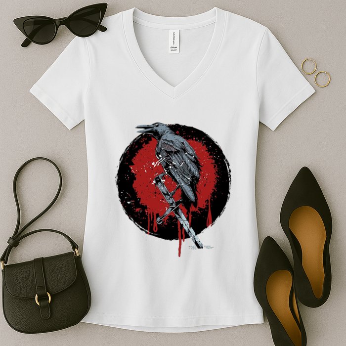 Raven On Sword Women's V-Neck T-Shirt
