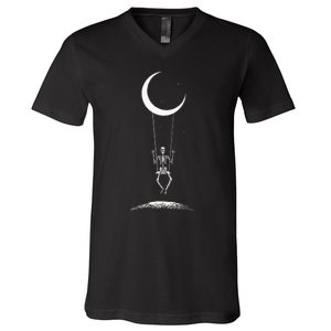 Rock On Skeleton Hands Halloween Moon Band Rock And Roll V-Neck T-Shirt