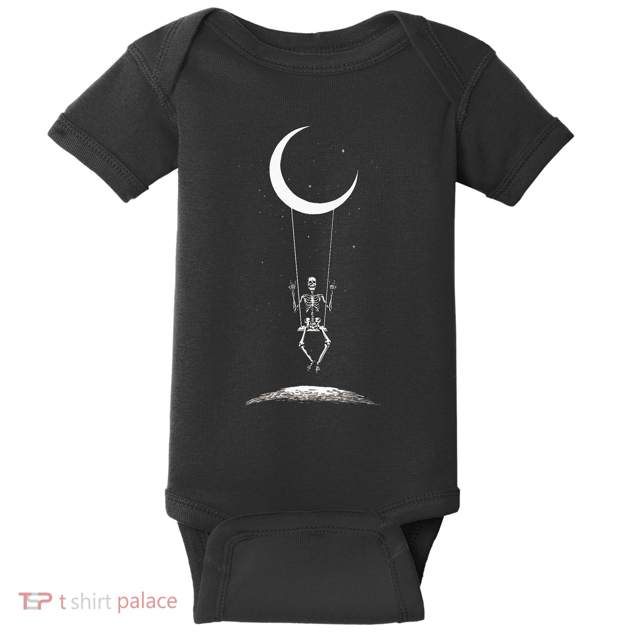 Rock On Skeleton Hands Halloween Moon Band Rock And Roll Baby Bodysuit