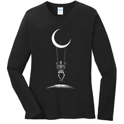 Rock On Skeleton Hands Halloween Moon Band Rock And Roll Ladies Long Sleeve Shirt