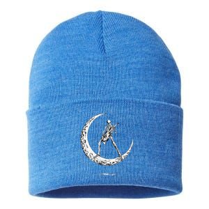 Rock On Skeleton Moon Rock And Roll Funny Halloween Sustainable Knit Beanie