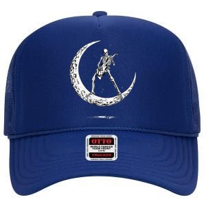 Rock On Skeleton Moon Rock And Roll Funny Halloween High Crown Mesh Back Trucker Hat