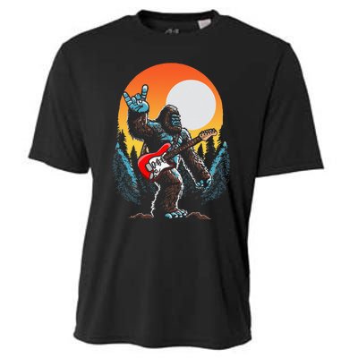 Rock On Sasquatch Rock And Roll Bigfoot Electric Guitar Cooling Performance Crew T-Shirt