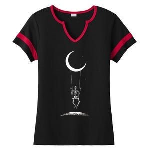 Rock On Skeleton Moon Band Rock And Roll Graphic Ladies Halftime Notch Neck Tee