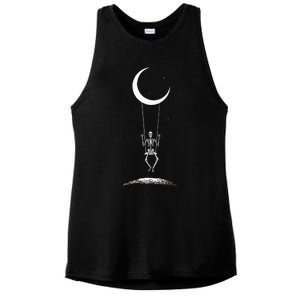 Rock On Skeleton Moon Band Rock And Roll Graphic Ladies PosiCharge Tri-Blend Wicking Tank