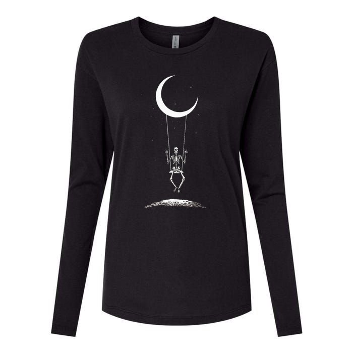 Rock On Skeleton Moon Band Rock And Roll Graphic Womens Cotton Relaxed Long Sleeve T-Shirt