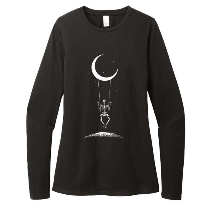 Rock On Skeleton Moon Band Rock And Roll Graphic Womens CVC Long Sleeve Shirt