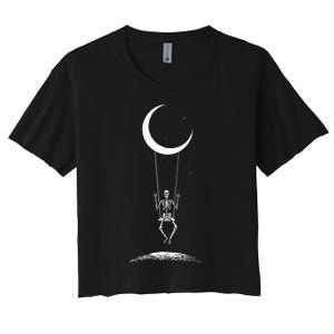 Rock On Skeleton Moon Band Rock And Roll Graphic Women's Crop Top Tee