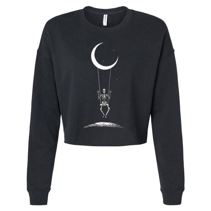 Rock On Skeleton Moon Band Rock And Roll Graphic Cropped Pullover Crew