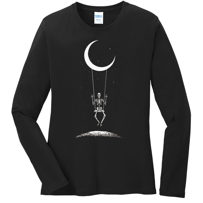 Rock On Skeleton Moon Band Rock And Roll Graphic Ladies Long Sleeve Shirt