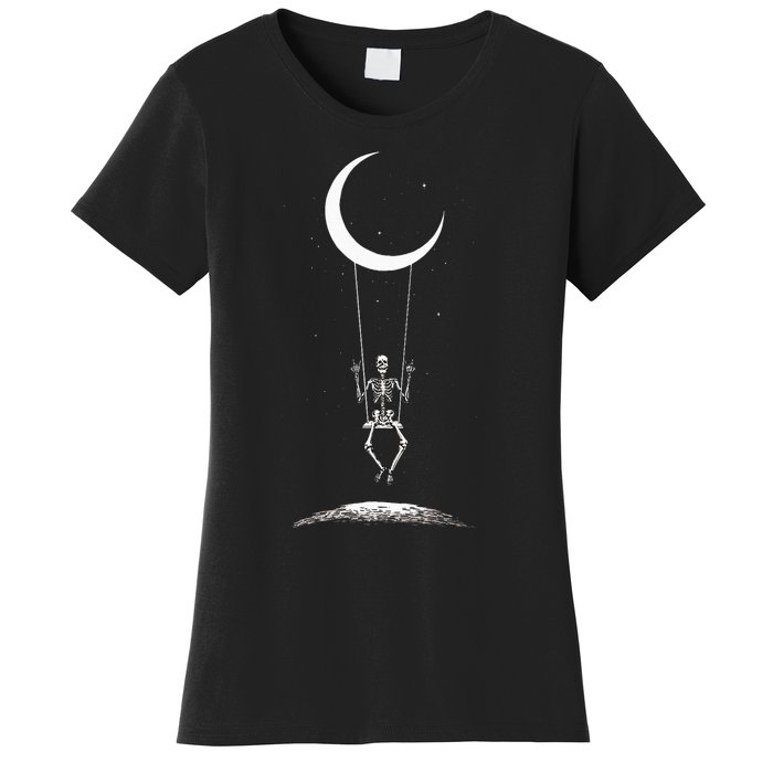 Rock On Skeleton Moon Band Rock And Roll Graphic Women's T-Shirt