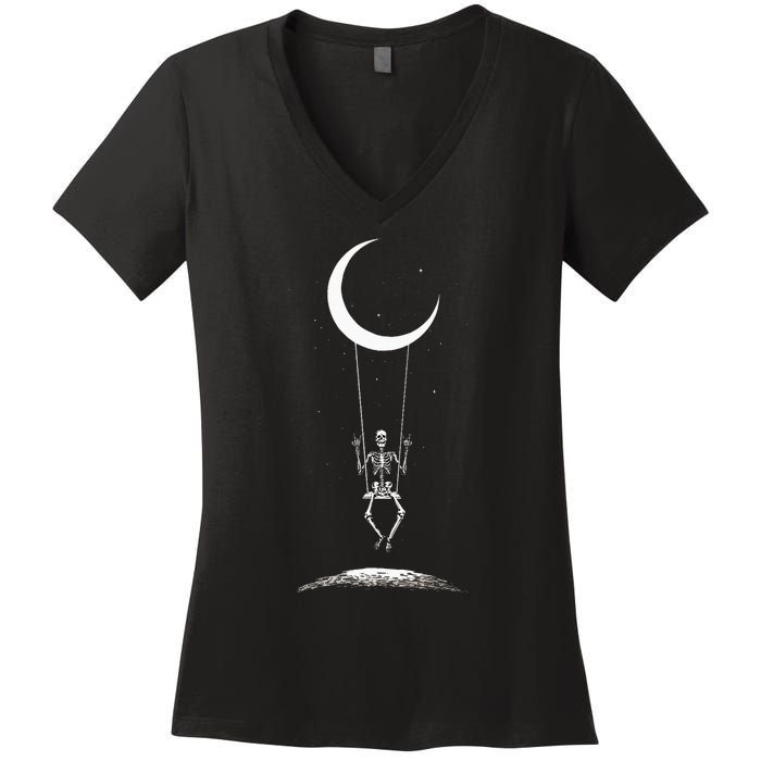 Rock On Skeleton Moon Band Rock And Roll Graphic Women's V-Neck T-Shirt