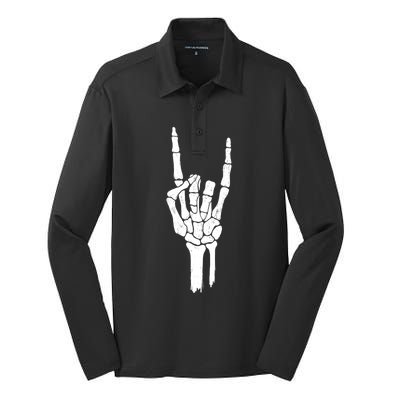 Rock On Skeleton Hand Gift Silk Touch Performance Long Sleeve Polo